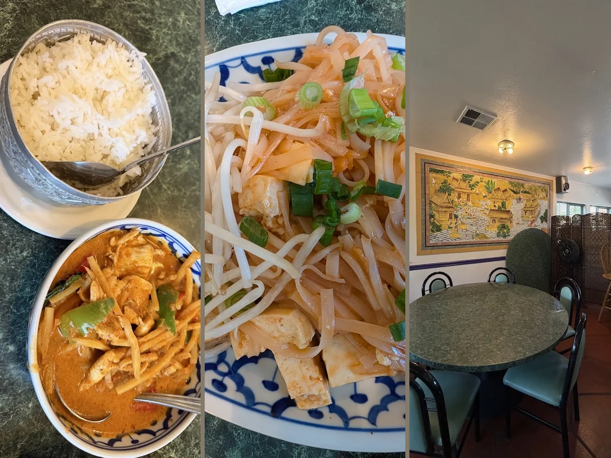 Plates of curry, noodles, and rice